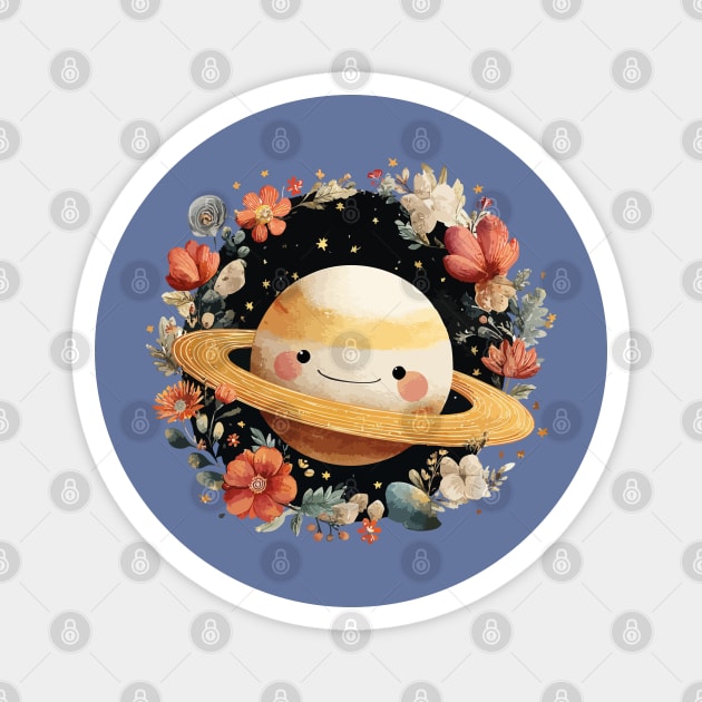 Planet Saturn in a Celestial Wreath - Spacecore Folk Art Magnet by TuncGK